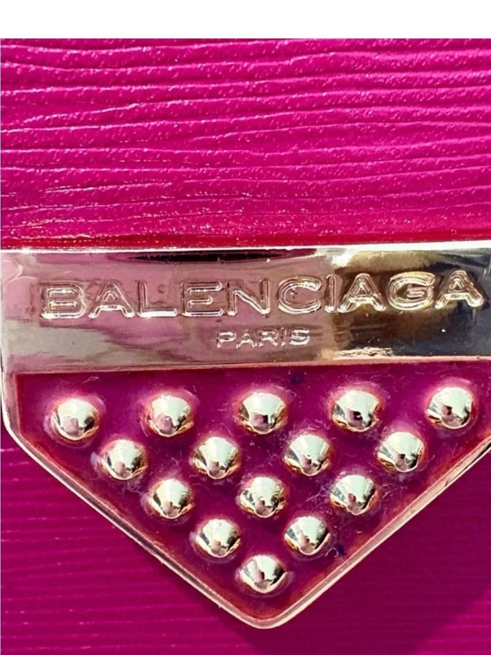 Balenciaga Hot Pink Leather Envelope Clutch with Gold Triangle Logo